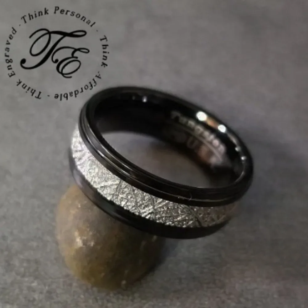Engraved Men's Real Black Tungsten Promise Ring With Meteorite Inlay